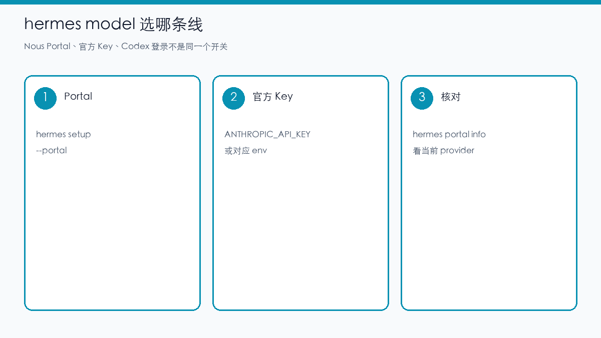 示意图:Hermes 选择 Portal、官方 Key 或 Codex 登录