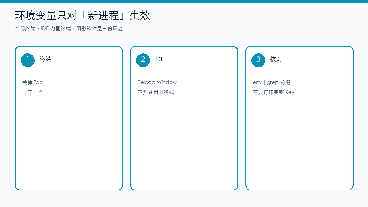 示意图:环境变量只对本终端、IDE、图形软件的新进程生效